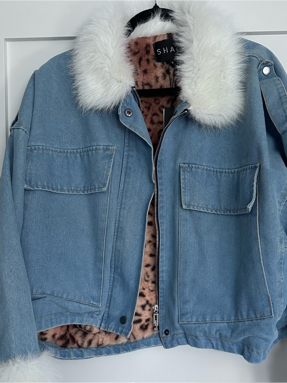 SHASHI Light Blue Denim Jacket with White Faux Fur Collar and Leopard Lining